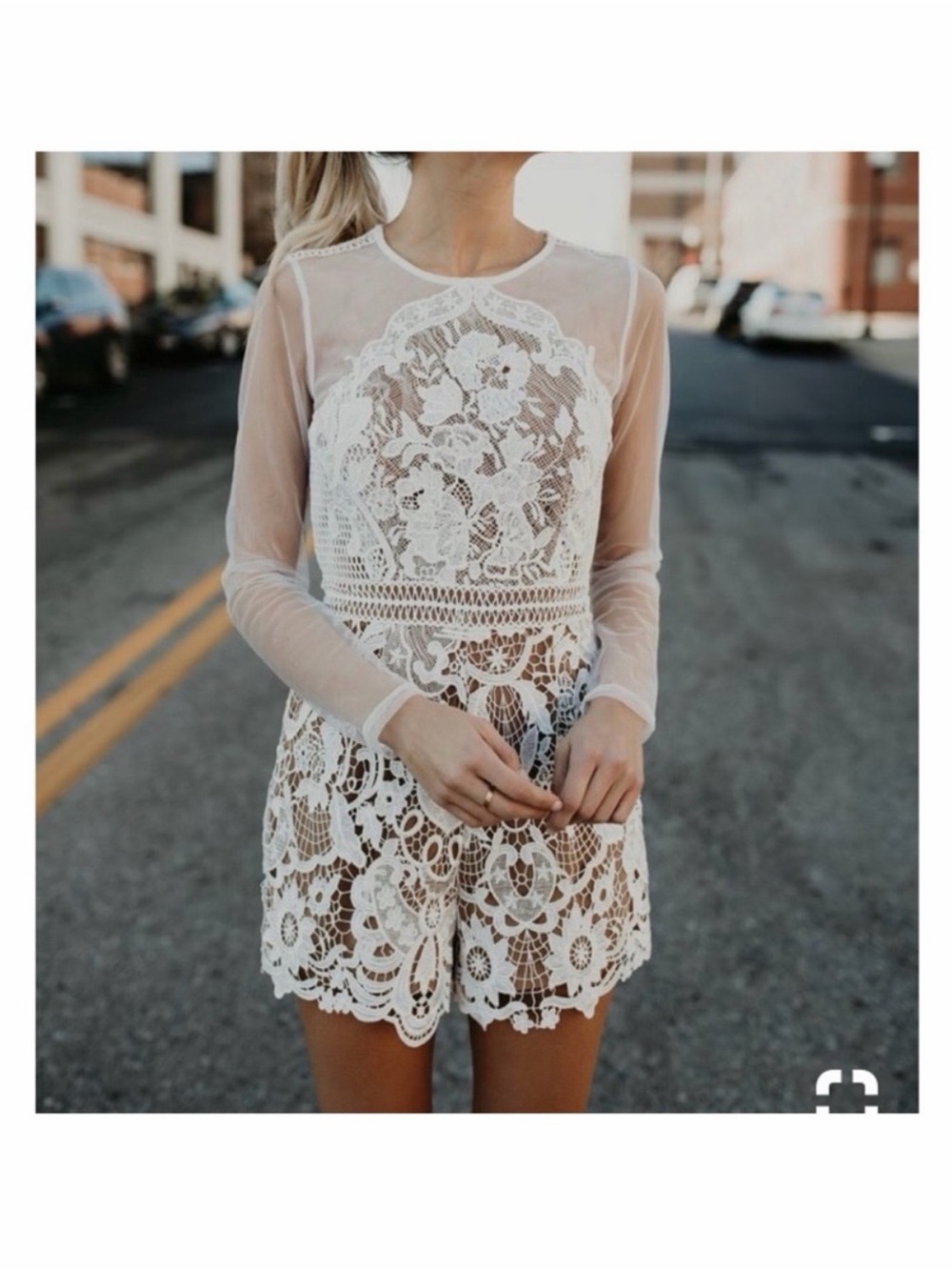 VICI White Lace Sheer Long-Sleeve Romper